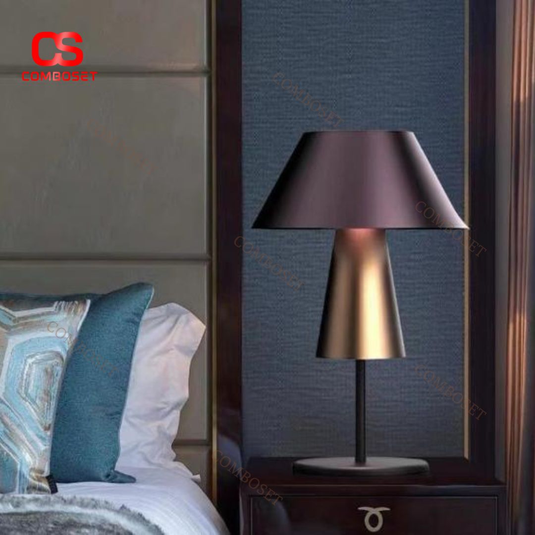 Đèn Bàn Hình Chiếc Ô Màu Nâu Tối Giản Kim Loại Mạ Vàng Sang Trọng, Ánh Sáng Vàng Ấm Áp