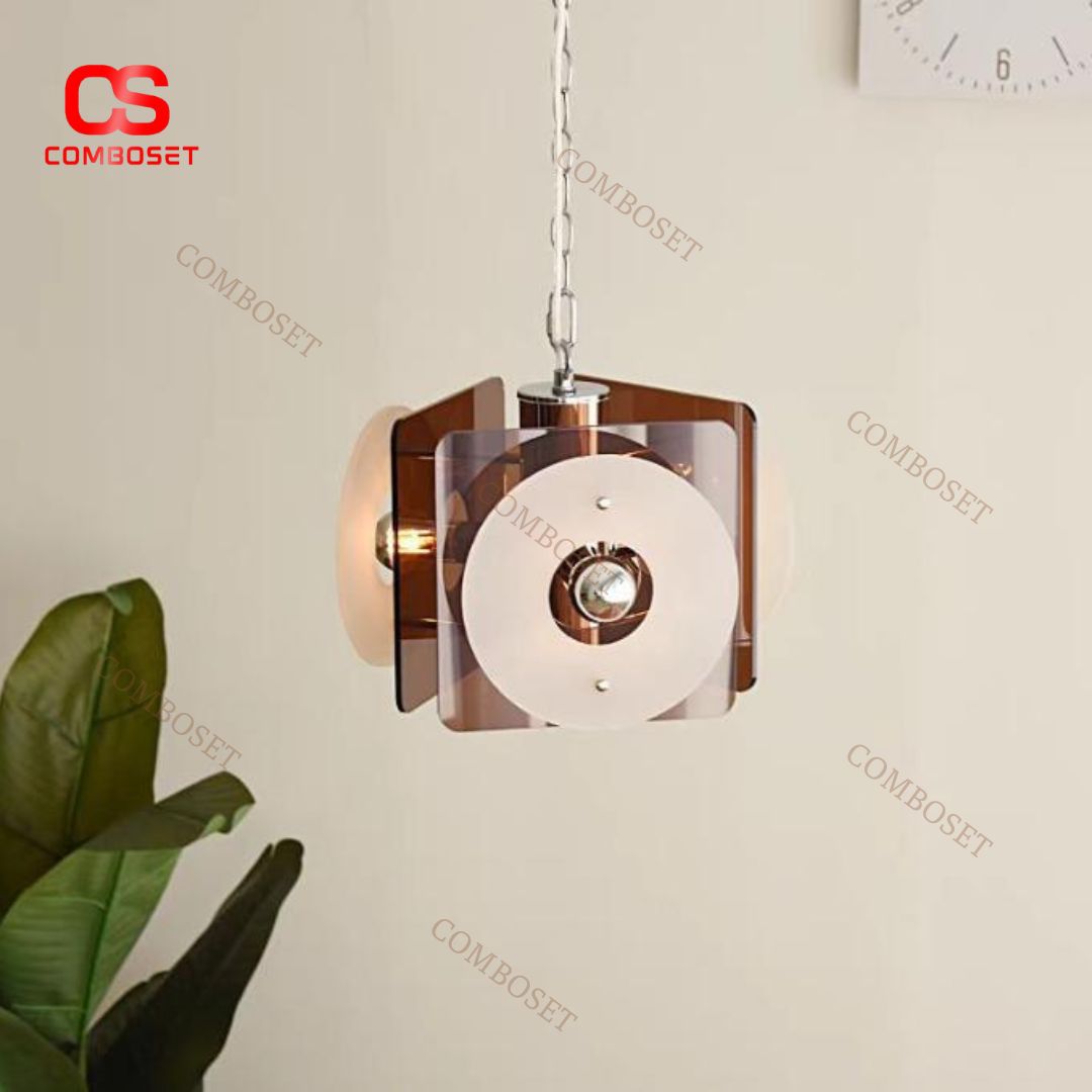 Đèn Chùm Kính Màu Nâu Khói Thiết Kế Hình Khối 3D Phong Cách Mid-Century Retro Decor Showroom