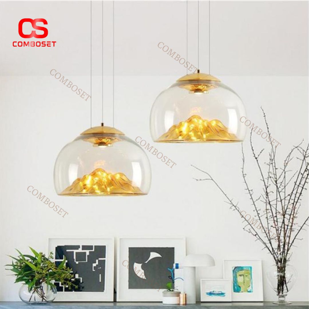 Đèn Chùm Núi Màu Vàng Bạc Chao Thuỷ Tinh Trong Suốt Decor Quầy Bếp, Bàn Ăn Thời Thượng