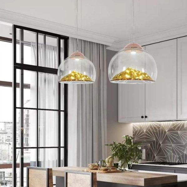 Đèn Chùm Núi Màu Vàng Bạc Chao Thuỷ Tinh Trong Suốt Decor Quầy Bếp, Bàn Ăn Thời Thượng