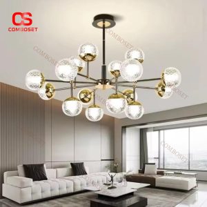 Đèn Chùm Sắt Mạ Vàng, Chao Acrylic Trong Suốt Khắc Hoạ Tiết Trái Thơm, 3 Chế Độ Sáng Phòng Khách, Phòng Ngủ