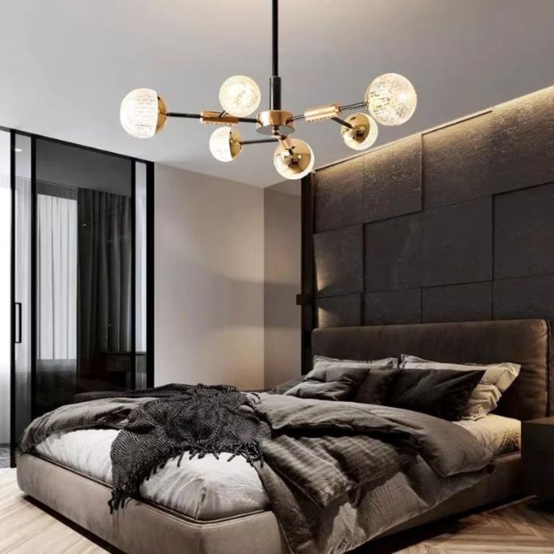 Đèn Chùm Sắt Mạ Vàng, Chao Acrylic Trong Suốt Khắc Hoạ Tiết Trái Thơm, 3 Chế Độ Sáng Phòng Khách, Phòng Ngủ