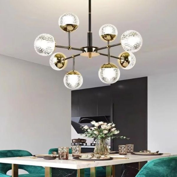 Đèn Chùm Sắt Mạ Vàng, Chao Acrylic Trong Suốt Khắc Hoạ Tiết Trái Thơm, 3 Chế Độ Sáng Phòng Khách, Phòng Ngủ