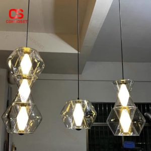 Đèn Chùm Thuỷ Tinh Trong Suốt Hình Học Đa Dạng Thiết Kế Tối Giản Thời Thượng Ánh Sáng Vàng Ấm