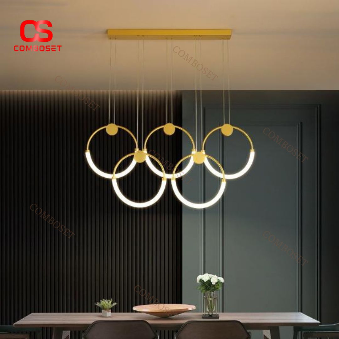 Đèn Chùm Vòng Tròn Nhẫn Sắt Mạ Vàng Sang Trọng Hiện Đại Decor Quầy Bếp, Phòng Khách Chung Cư