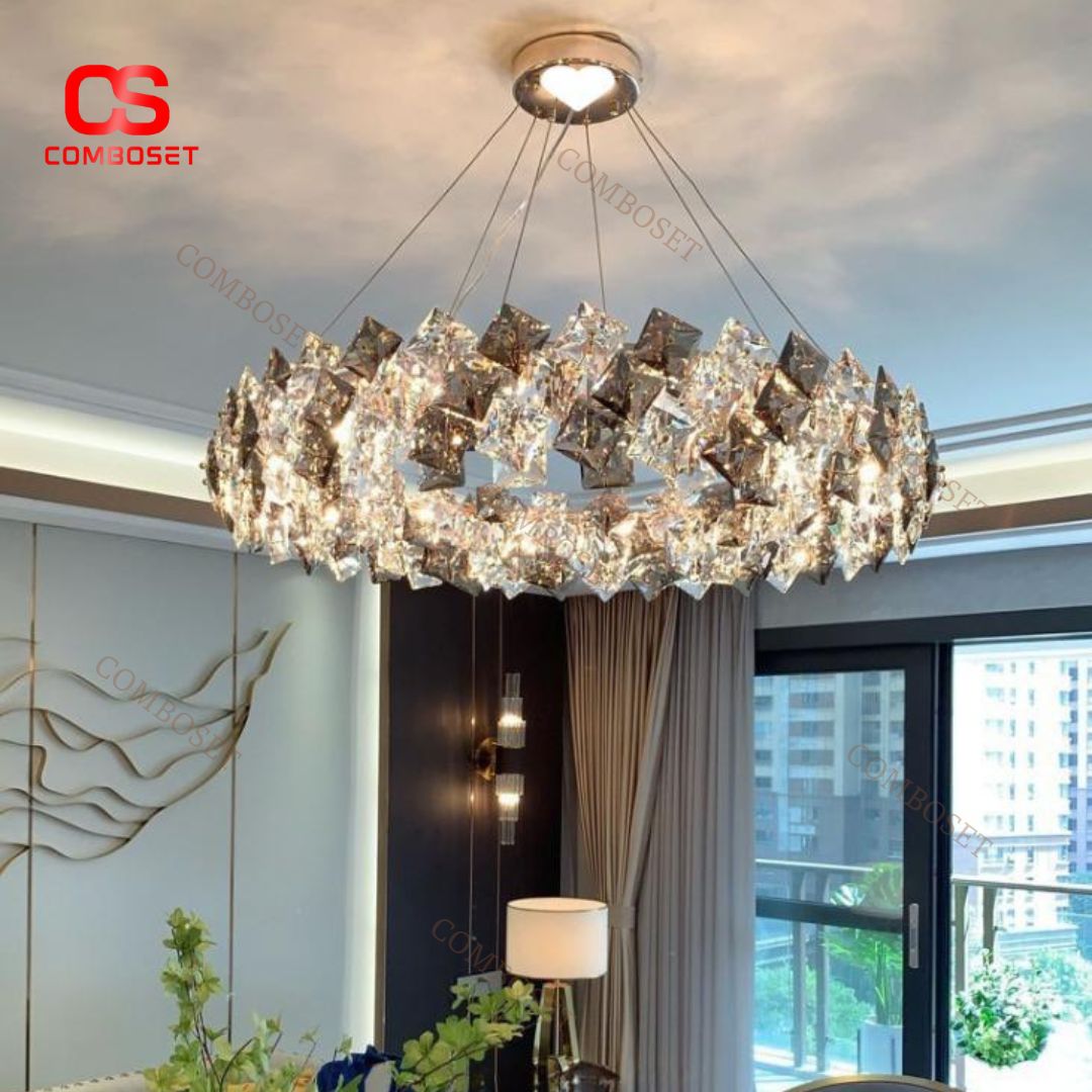 Đèn Chùm Vòng Tròn Pha Lê Hình Thoi Lấp Lánh Sắc Màu Có 3 Chế Độ Sáng Trang Trí Phòng Khách, Tiệc Cưới, Nhà Hàng