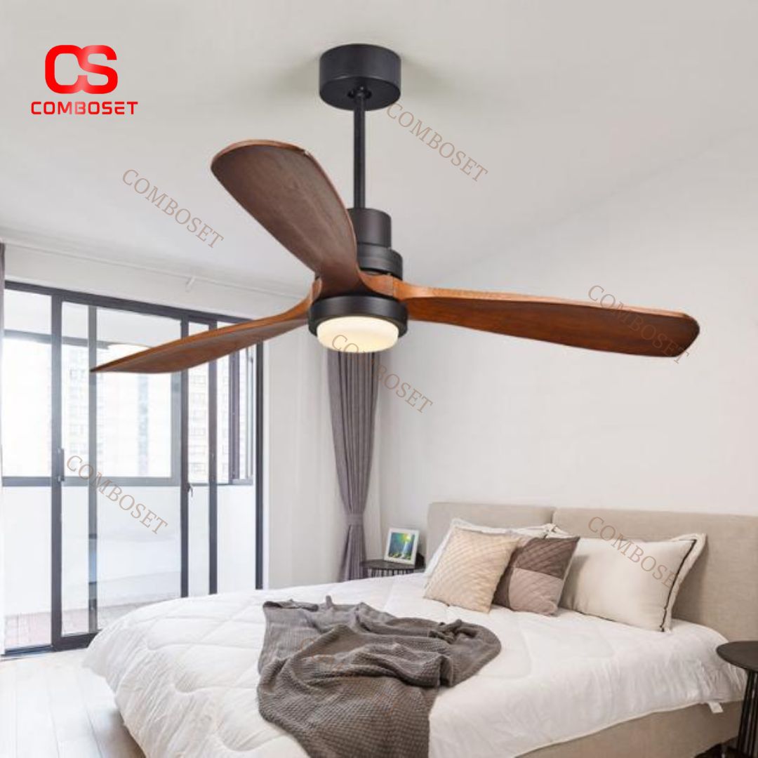 Đèn LED Quạt Trần 3 Cánh Gỗ Cổ Điển, Có Remote Điều Chỉnh 6 Mức Độ Gió Làm Mát Quán Cafe Hoài Cổ