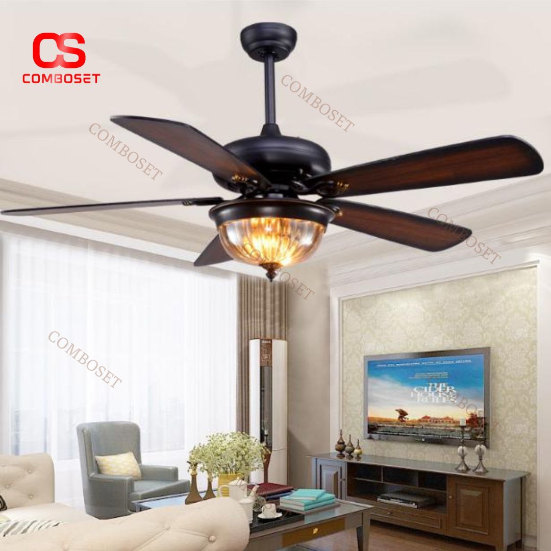 Đèn Quạt Trần 5 Cánh Gỗ Cổ Điển, 3 Chế Độ Sáng, Có Điều Khiển Từ Xa, Động Cơ Quạt Yên Tĩnh Cho Phòng Ngủ