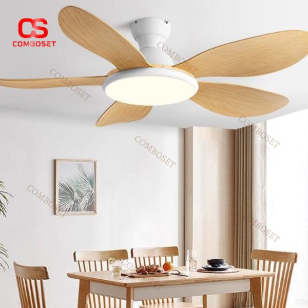 Đèn Quạt Trần 5 Cánh Vân Gỗ Quang Phổ Bảo Vệ Mắt 3 Chế Đố Sáng, 6 Mức Độ Gió Đa Dạng Phòng Khách