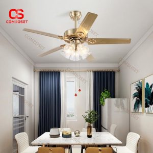 Đèn Quạt Trần Lá Sắt Mạ Vàng Sang Trọng 3 Chao Thuỷ Tinh Có 3 Mức Độ Gió Làm Mát Phòng Khách, Biệt Thự