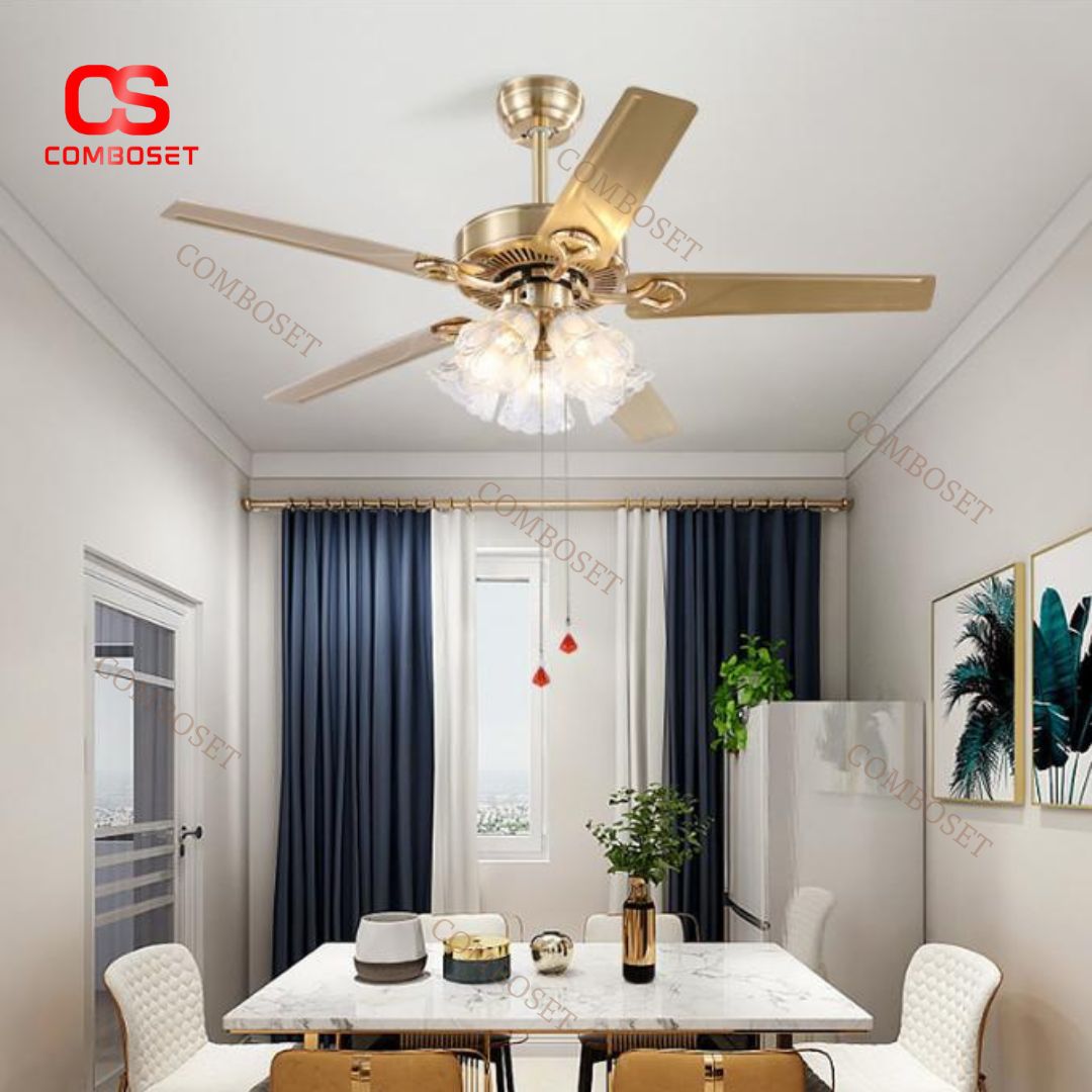 Đèn Quạt Trần Lá Sắt Mạ Vàng Sang Trọng 3 Chao Thuỷ Tinh Có 3 Mức Độ Gió Làm Mát Phòng Khách, Biệt Thự
