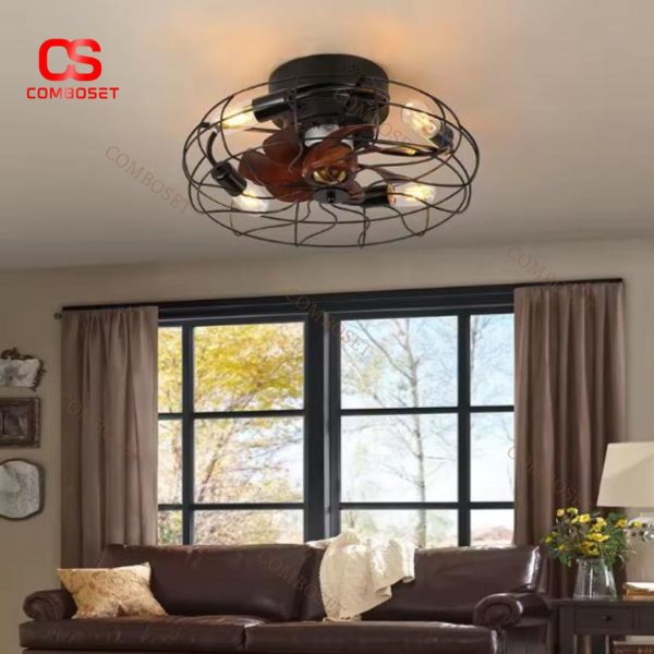 Đèn Quạt Trần Lồng Sắt Retro Hoài Cổ Điều Khiển Từ Xa, Decor Quán Cafe, Nhà Hàng Châu Âu