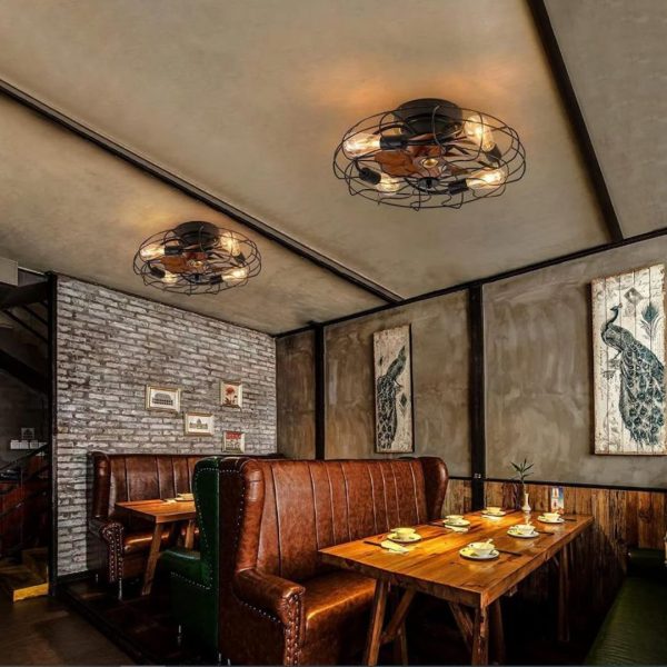 Đèn Quạt Trần Lồng Sắt Retro Hoài Cổ Điều Khiển Từ Xa, Decor Quán Cafe, Nhà Hàng Châu Âu