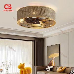 Đèn Quạt Trần Lồng Vải Tre Dệt Thủ Công Phong Cách Bohemian Mộc Mạc Có Điều Khiển Từ Xa, 6 Cấp Độ Gió