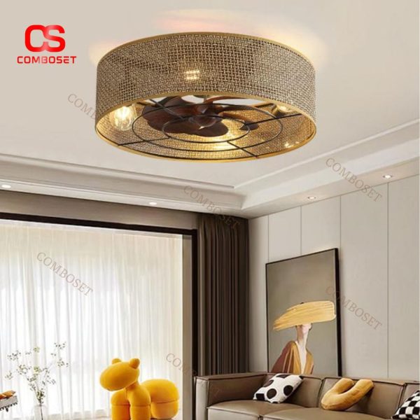 Đèn Quạt Trần Lồng Vải Tre Dệt Thủ Công Phong Cách Bohemian Mộc Mạc Có Điều Khiển Từ Xa, 6 Cấp Độ Gió