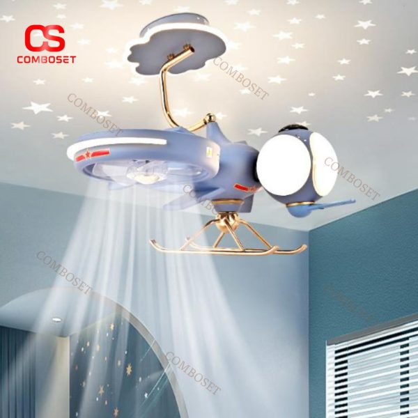 Đèn Quạt Trần Máy Bay Màu Xanh 3 Màu Sáng Decor Phòng Ngủ Cho Bé, Phòng Học Tập