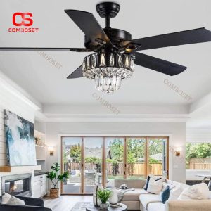 Đèn Quạt Trần Pha Lê Cao Cấp, Màu Đen Cổ Điển, 5 Cánh Gỗ Có Thể Xoay Đảo Ngược, Điều Khiển 3 Cấp Độ Gió Từ Xa