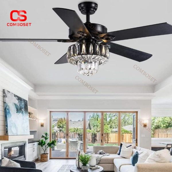 Đèn Quạt Trần Pha Lê Cao Cấp, Màu Đen Cổ Điển, 5 Cánh Gỗ Có Thể Xoay Đảo Ngược, Điều Khiển 3 Cấp Độ Gió Từ Xa