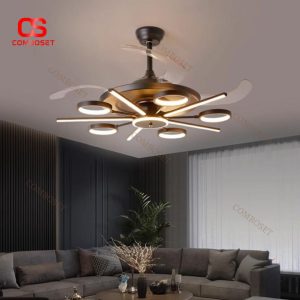 Đèn Quạt Trần Phòng Khách 6 Mức Độ Gió Thiết Kế Hiện Đại, Tông Màu Đen Sang Trọng Cho Không Gian Sống