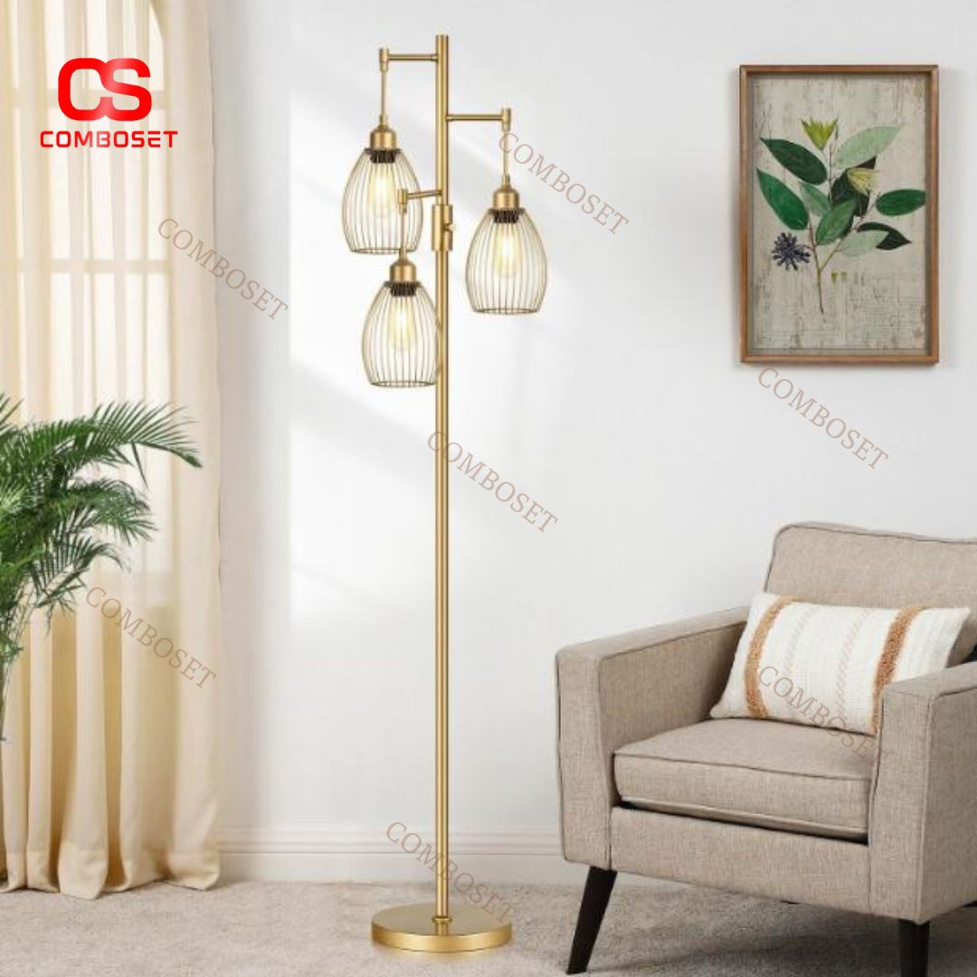 Đèn Sàn Đứng 3 Lồng Sắt Mạ Điện 3 Chế Độ Sáng Phong Cách Retro Công Nghiệp Cá Tính