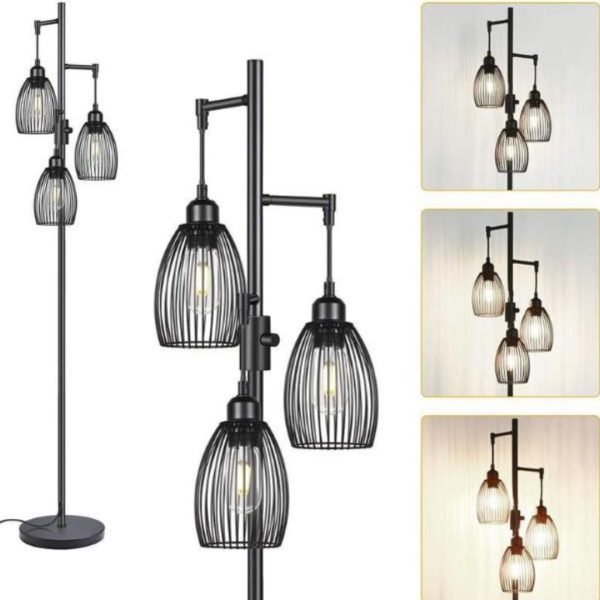 Đèn Sàn Đứng 3 Lồng Sắt Mạ Điện 3 Chế Độ Sáng Phong Cách Retro Công Nghiệp Cá Tính