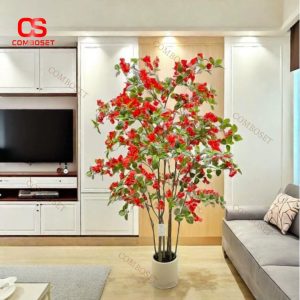 Chậu Hoa Giấy Màu Đỏ Giả Vải Lụa Rực Rỡ Decor Nội Thất Phòng Khách, Ban Công, Quán Cafe