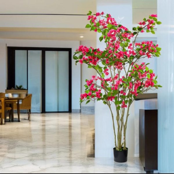 Chậu Hoa Giấy Màu Đỏ Giả Vải Lụa Rực Rỡ Decor Nội Thất Phòng Khách, Ban Công, Quán Cafe