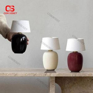 Đèn Bàn Gốm Nhỏ Gọn Chao Vải Vintage Làm Quà Tặng, Chiếu Sáng Ngủ, Decor Bàn Làm Việc