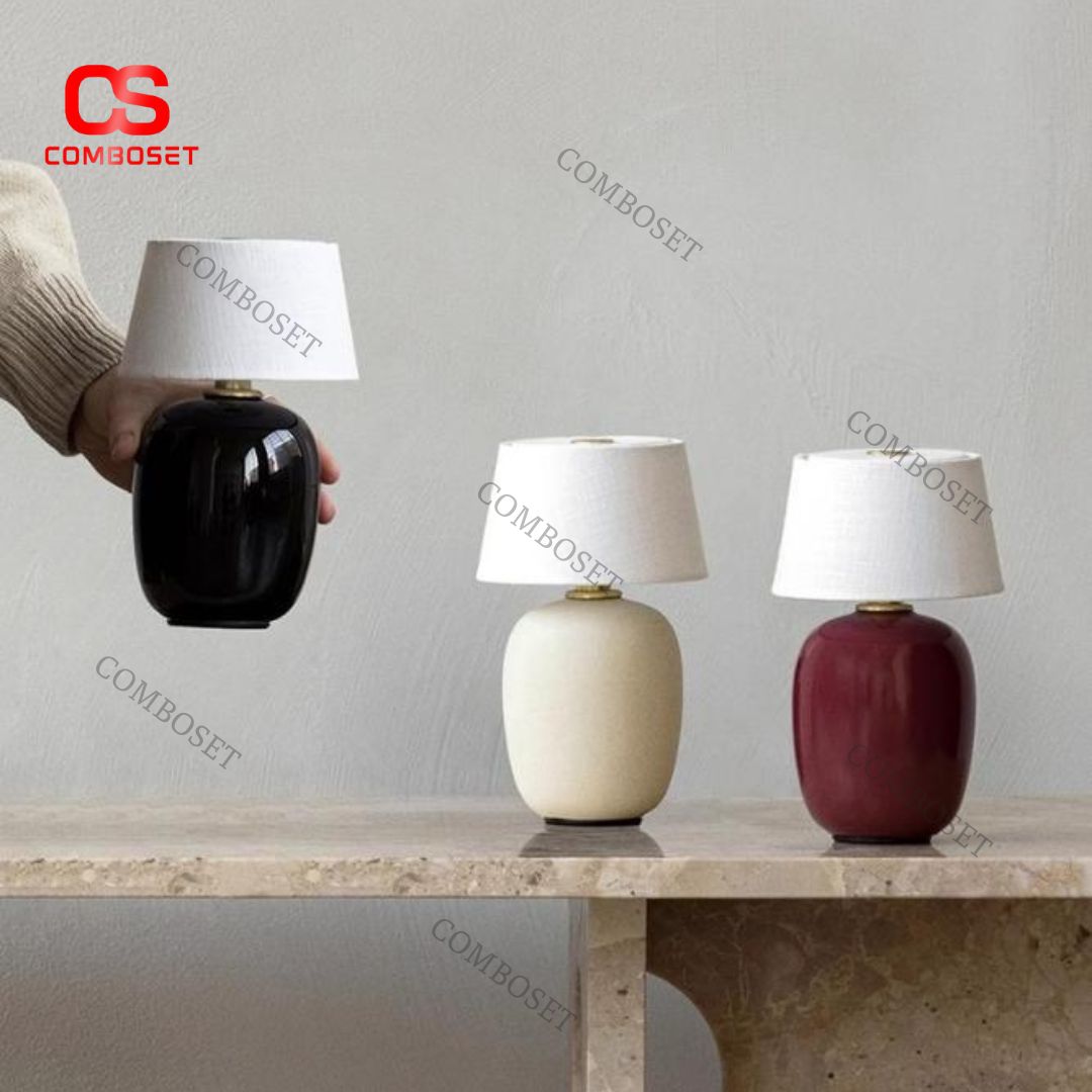 Đèn Bàn Gốm Nhỏ Gọn Chao Vải Vintage Làm Quà Tặng, Chiếu Sáng Ngủ, Decor Bàn Làm Việc