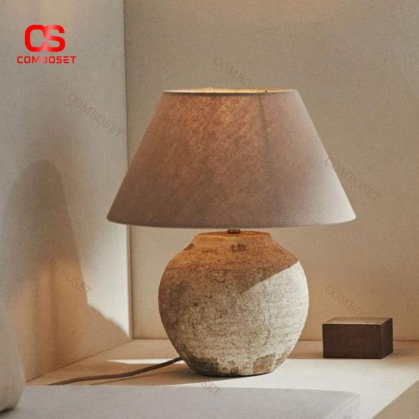 Đèn Bàn Gốm Tối Giản Chụp Vải Kem Phong Cách Nhật Bản Ánh Sáng Vàng Ấm Cho Phòng Ngủ