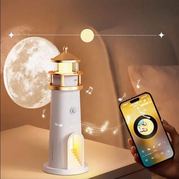 Đèn Bàn Ngọn Hải Đăng Phản Chiếu Mặt Trăng, Tích Hợp Loa Bluetooth, Remote, Cảm Biến Chuyển Động