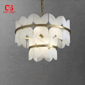 Đèn Chùm 2 Tầng Đá Marble Tự Nhiên, Khung Kim Loại Mạ Vàng Sang Trọng Cho Phòng Ngủ