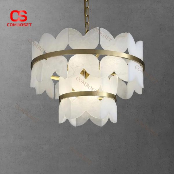 Đèn Chùm 2 Tầng Đá Marble Tự Nhiên, Khung Kim Loại Mạ Vàng Sang Trọng Cho Phòng Ngủ