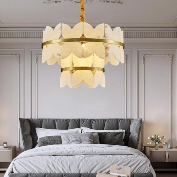 Đèn Chùm 2 Tầng Đá Marble Tự Nhiên, Khung Kim Loại Mạ Vàng Sang Trọng Cho Phòng Ngủ