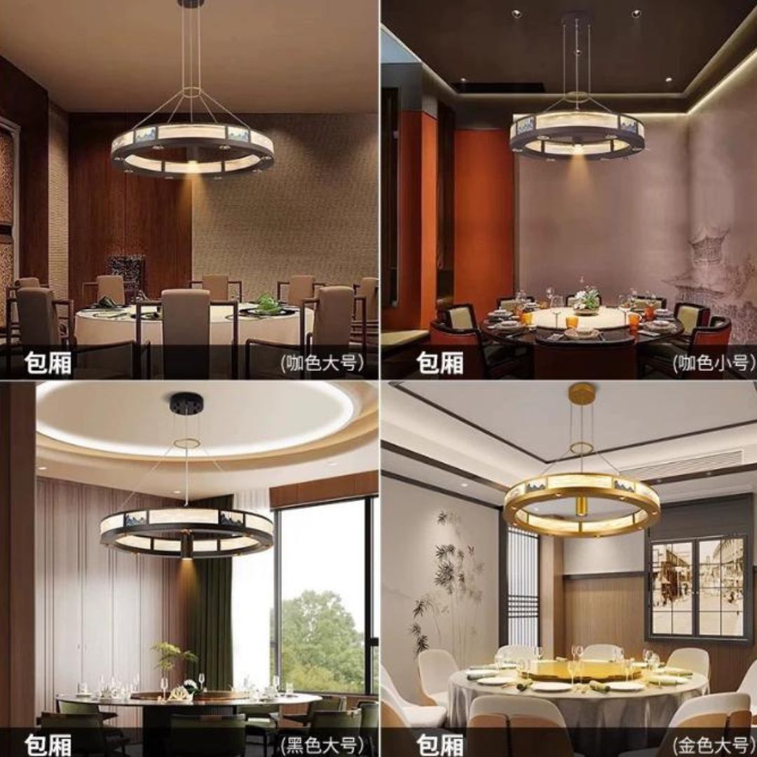 Đèn Chùm Kiểu Vòng Tròn Cao Cấp Họa Tiết Núi Non Vẻ Đẹp Nghệ Thuật Á Đông Hiện Đại