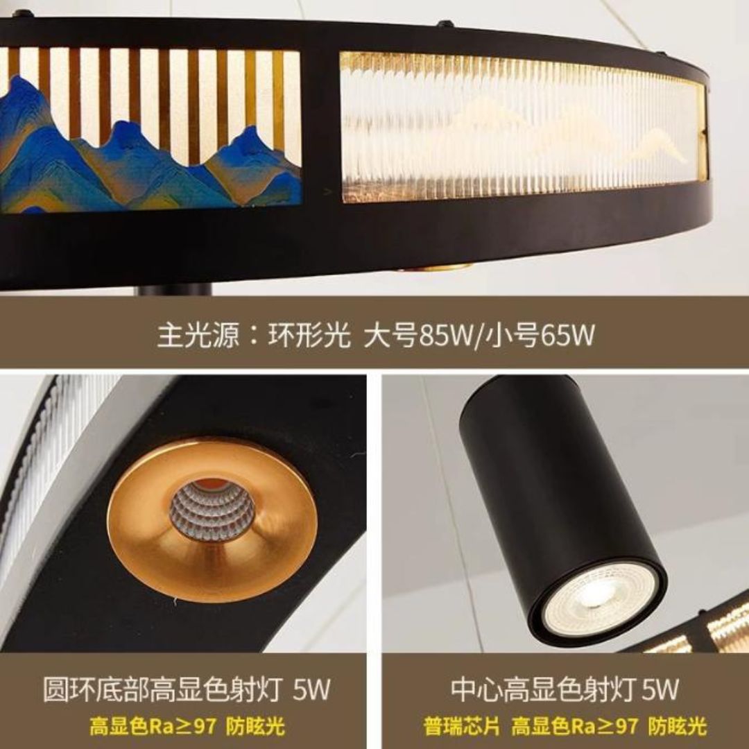Đèn Chùm Kiểu Vòng Tròn Cao Cấp Họa Tiết Núi Non Vẻ Đẹp Nghệ Thuật Á Đông Hiện Đại