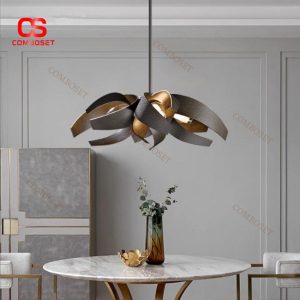 Đèn Chùm Kim Loại Xoắn 3D Vàng Xám Nghệ Thuật Cao Cấp Chiếu Sáng Bàn Ăn, Phòng Khách