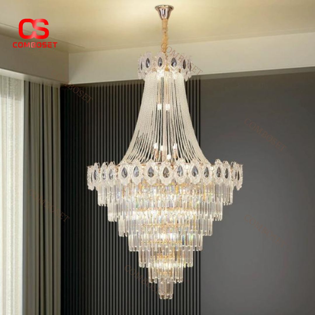 Đèn Chùm Pha Lê Thả Tầng Cao Cấp Kiểu Dáng Cổ Điển Sang Trọng Cho Biệt Thự Hoàng Gia