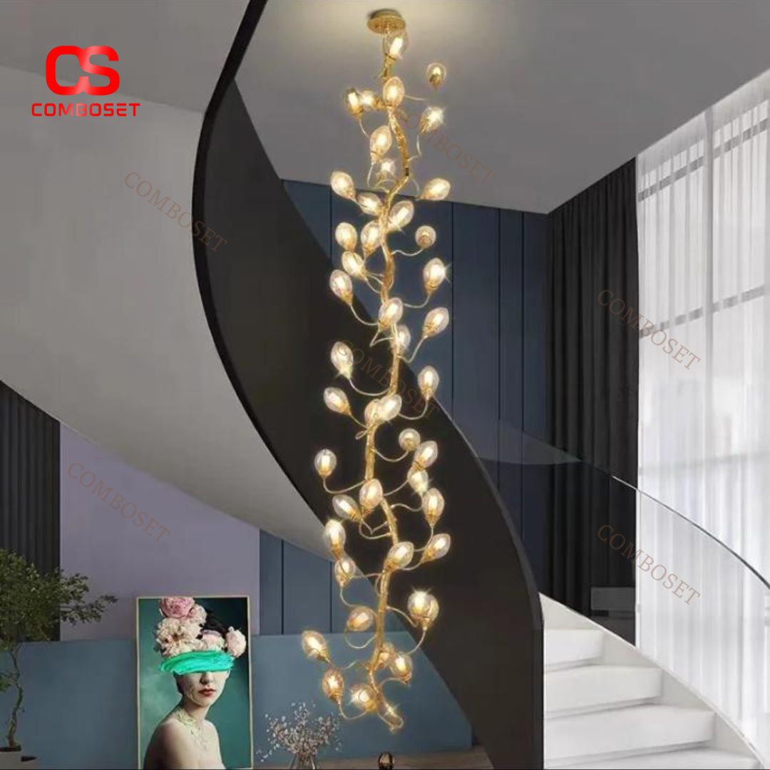 Đèn Chùm Thuỷ Tinh Hoa Tigon Cành Đồng Vàng Sang Trọng Decor Cầu Thang Thông Trần, Biệt Thự, Khách Sạn