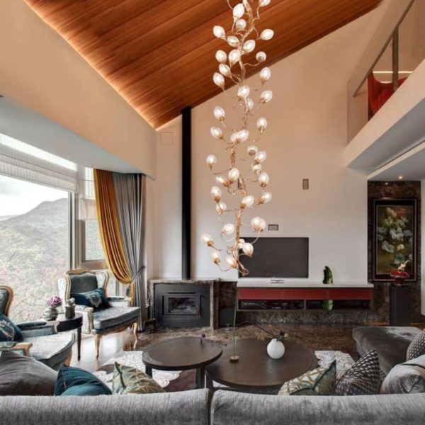Đèn Chùm Thuỷ Tinh Hoa Tigon Cành Đồng Vàng Sang Trọng Decor Cầu Thang Thông Trần, Biệt Thự, Khách Sạn