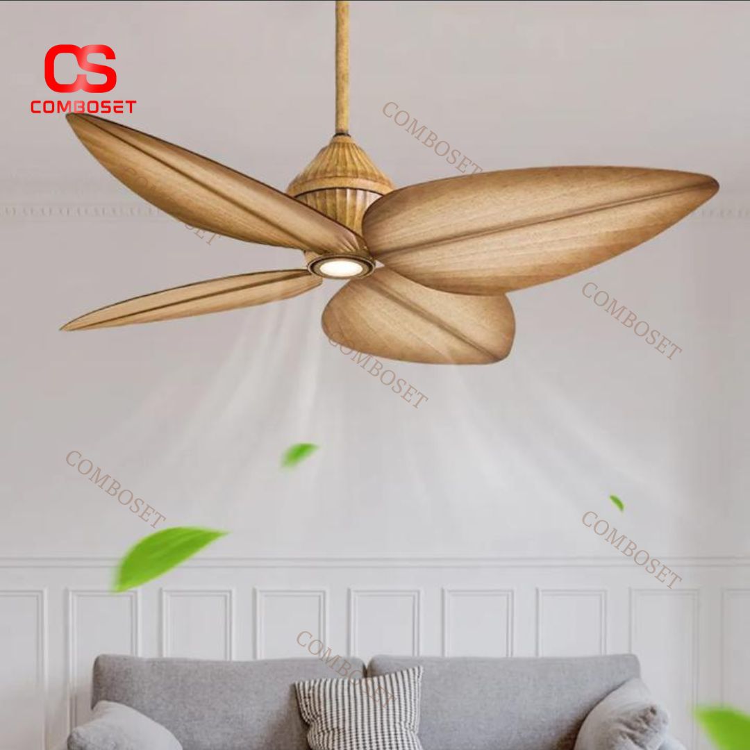 Đèn Quạt Trần 4 Lá Chuối Nhựa Mộc Mạc Thiên Nhiên, Decor Không Gian Vintage, Cổ Điển