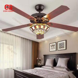 Đèn Quạt Trần Chao Kính Màu Cổ Điển Thanh Lịch Phong Cách Châu Âu Sang Trọng