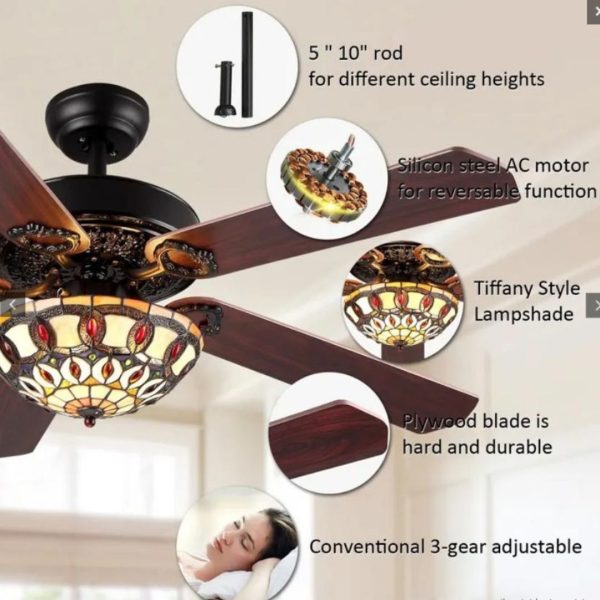 Đèn Quạt Trần Chao Kính Màu Cổ Điển Thanh Lịch Phong Cách Châu Âu Sang Trọng