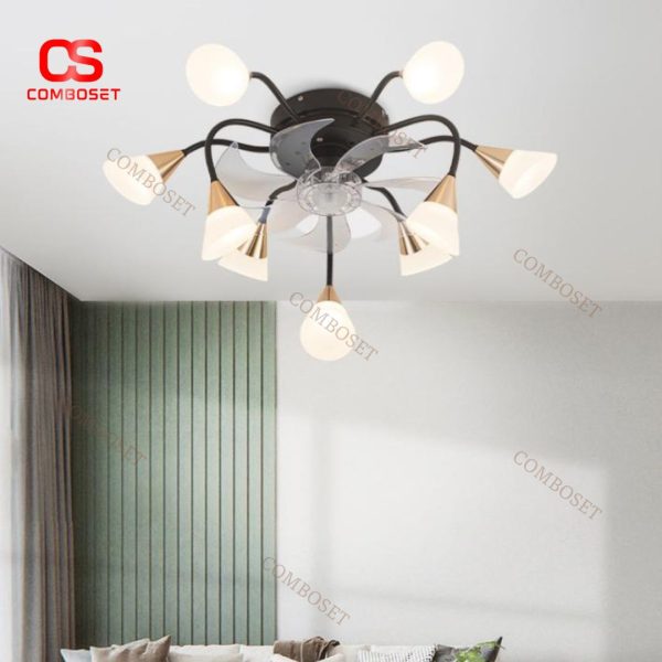 Đèn Quạt Trần Hình Bông Hoa Cánh Mica Trong Suốt Phong Cách Châu Âu Decor Phòng Khách