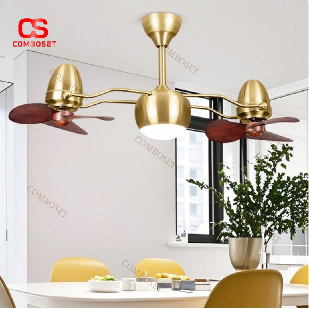 Đèn Quạt Trần Kép Mạ Vàng Cánh Mini Cao Cấp, Đèn LED Tích Hợp 3 Chế Độ Sáng, Điều Khiển Từ Xa