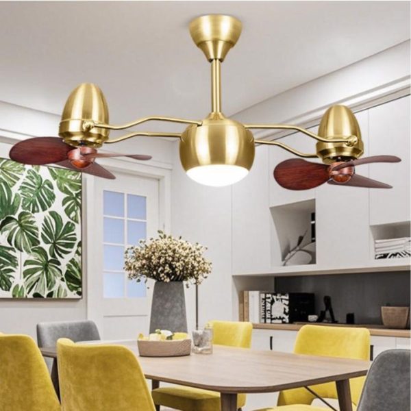 Đèn Quạt Trần Kép Mạ Vàng Cánh Mini Cao Cấp, Đèn LED Tích Hợp 3 Chế Độ Sáng, Điều Khiển Từ Xa