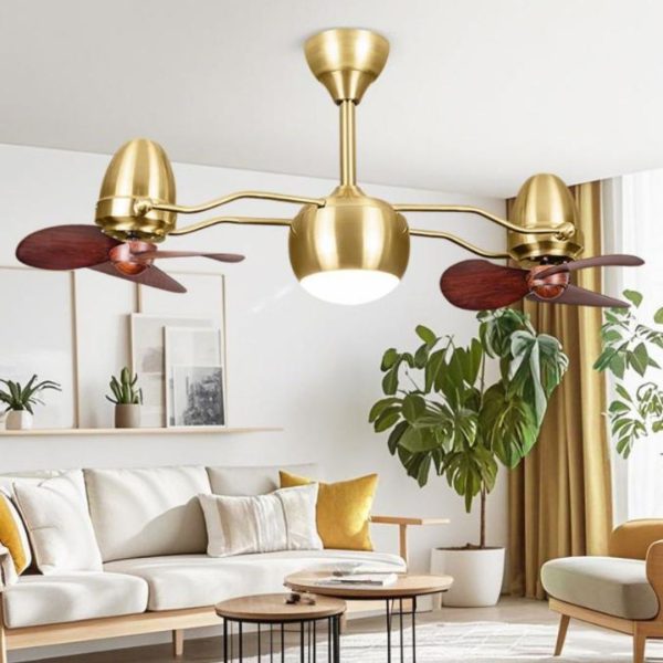 Đèn Quạt Trần Kép Mạ Vàng Cánh Mini Cao Cấp, Đèn LED Tích Hợp 3 Chế Độ Sáng, Điều Khiển Từ Xa