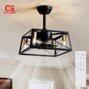 Đèn Quạt Trần Khung Kim Loại Retro Phong Cách Công Nghiệp Với 6 Cấp Độ Gió, Điều Khiển Từ Xa