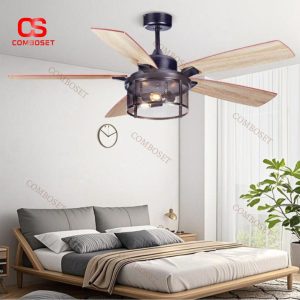 Đèn Quạt Trần Lồng Sắt Cánh Gỗ Điều Khiển Từ Xa, Phong Cách Công Nghiệp Cho Nhà Phố & Quán Cafe