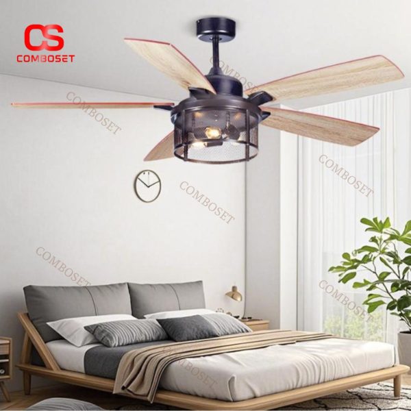 Đèn Quạt Trần Lồng Sắt Cánh Gỗ Điều Khiển Từ Xa, Phong Cách Công Nghiệp Cho Nhà Phố & Quán Cafe